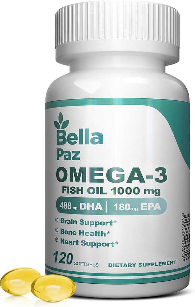 אומגה 3 FishOil תוספי מזון - 1000 מ"ג שמן 788 מ"ג אומגה 3 שומן Acid Burpless, 488 DHA ו 180 EPA עבור שריר לב תמיכה ובריאות, תוספי מזון עבור גברים ונשים, 120 Softgels