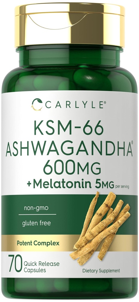 Karlyle KSM-66 Ashwagandha קפסולות 600 מ"ג | 70 הרוזן | עם מלטונין 5 מ"ג | מתחם פוטנט | Non-GMO, Gluten Freeten