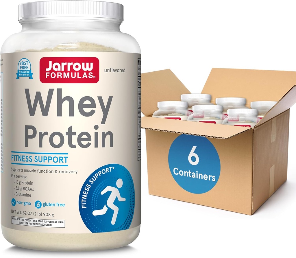 Jarrow Formulas Whey חלבון עם 18g של חלבון, 3.8 גרם של BCAAs, ו Glutamine, תוספת תזונתית עבור תפקוד שרירים ושיקום תמיכה, 32 oz Unflavored אבקה, כ 38 יום אספקה, 6 Packs