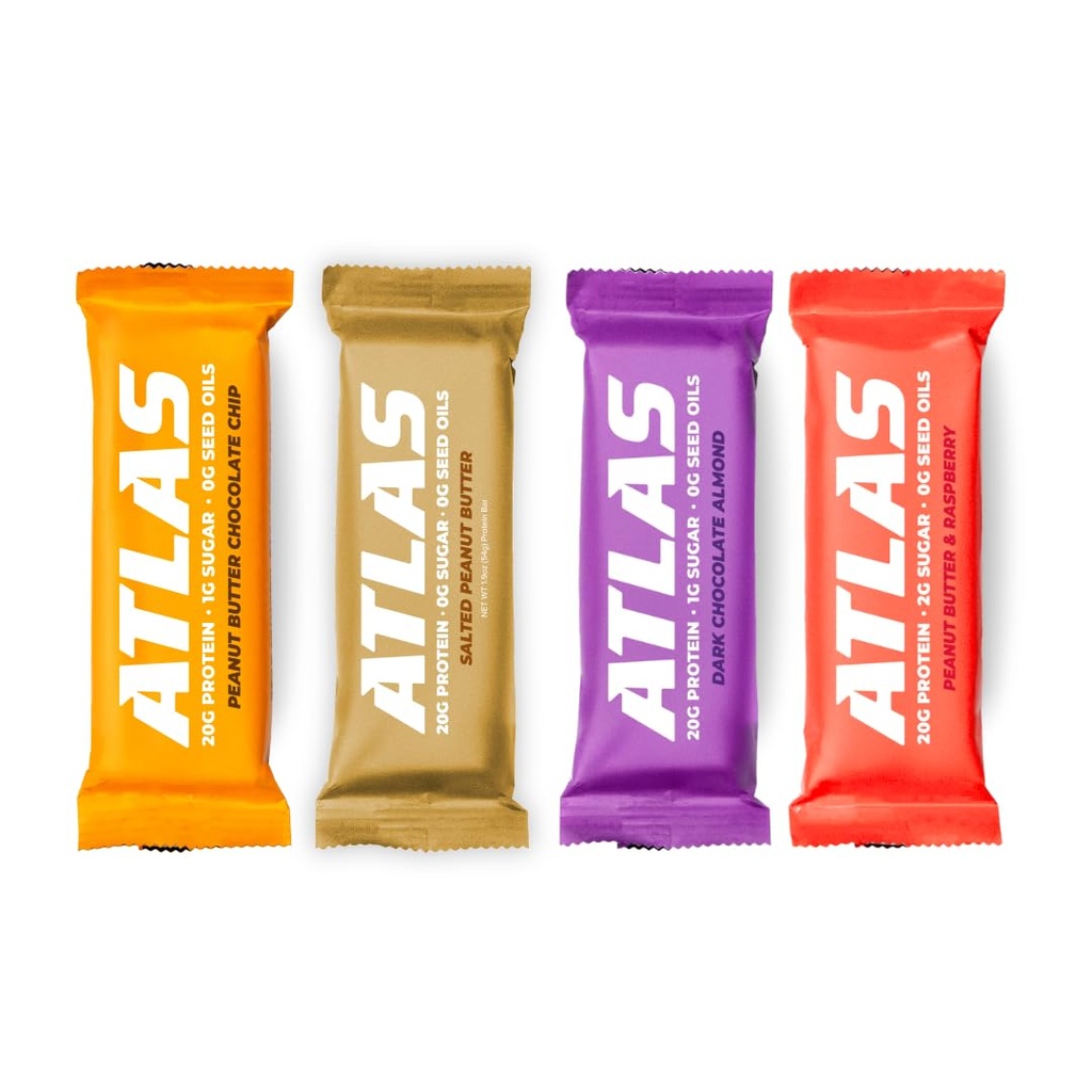 Atlas Real Food Protein Bar – 20g Protein, 10g Fiber, 1g Sugar, No Seed Oils, No Artificial Sweeteners (Variety, 4 Count)