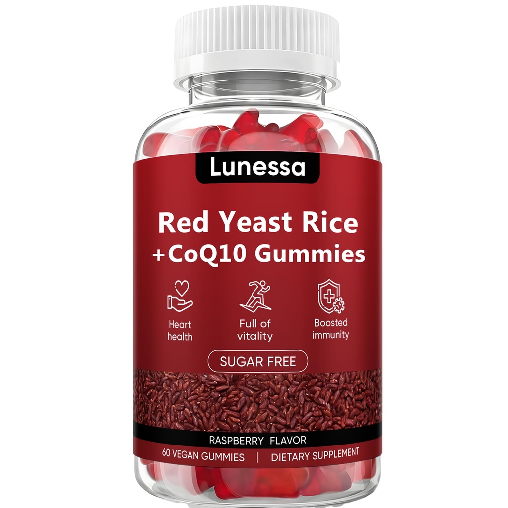 Red Yeast Rice with CoQ10 Gummies, Red Rice Yeast for Cholesterol Cleanse, Non-GMO, Vegan, Raspberry Flavor, 60 Gummies