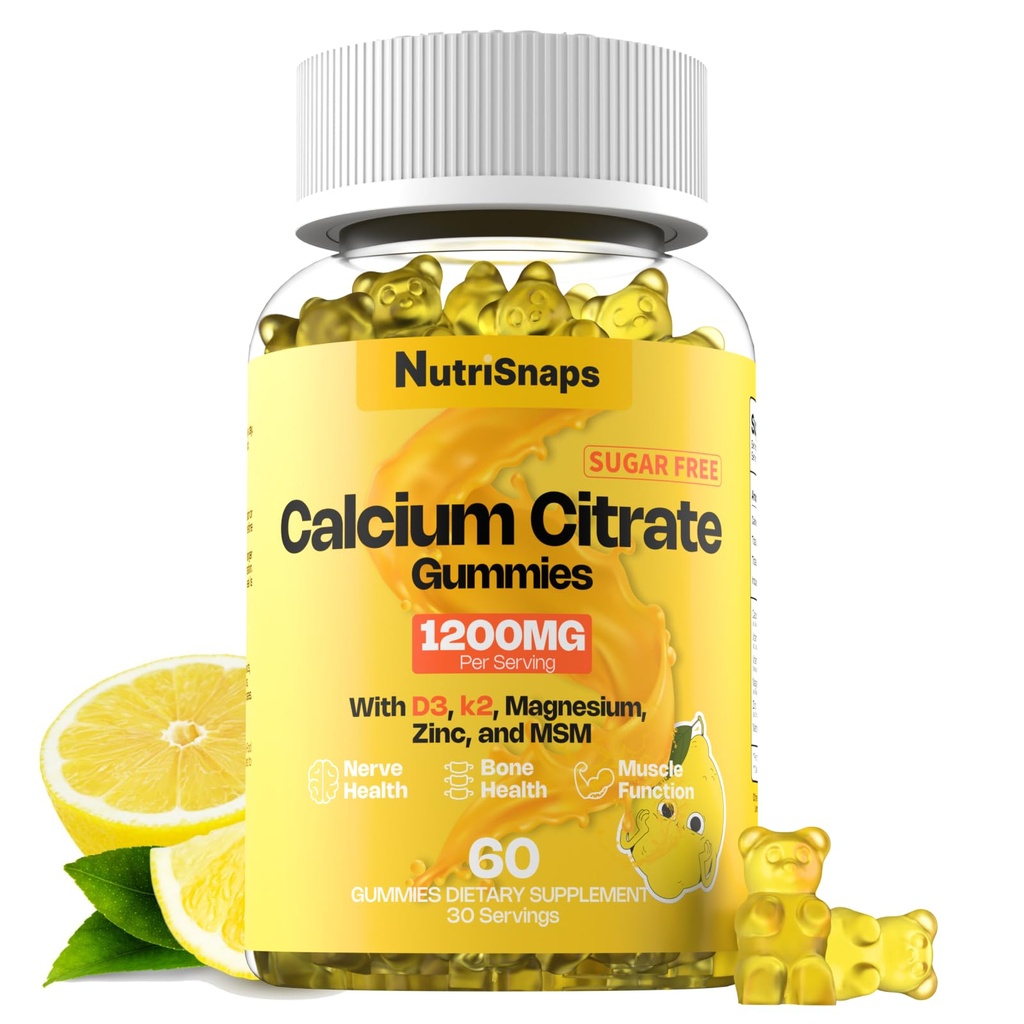 סוכר חינם Calcium Citrate Gummies 1200 מ"ג עם ויטמין D3 K2, Magnesium, Zinc, MSM עבור גברים ונשים, עצמות, שרירים, תמיכה במזל, תוסף האולטימטיבי Absorption Calcium, טבעוני, 60 הרוזן