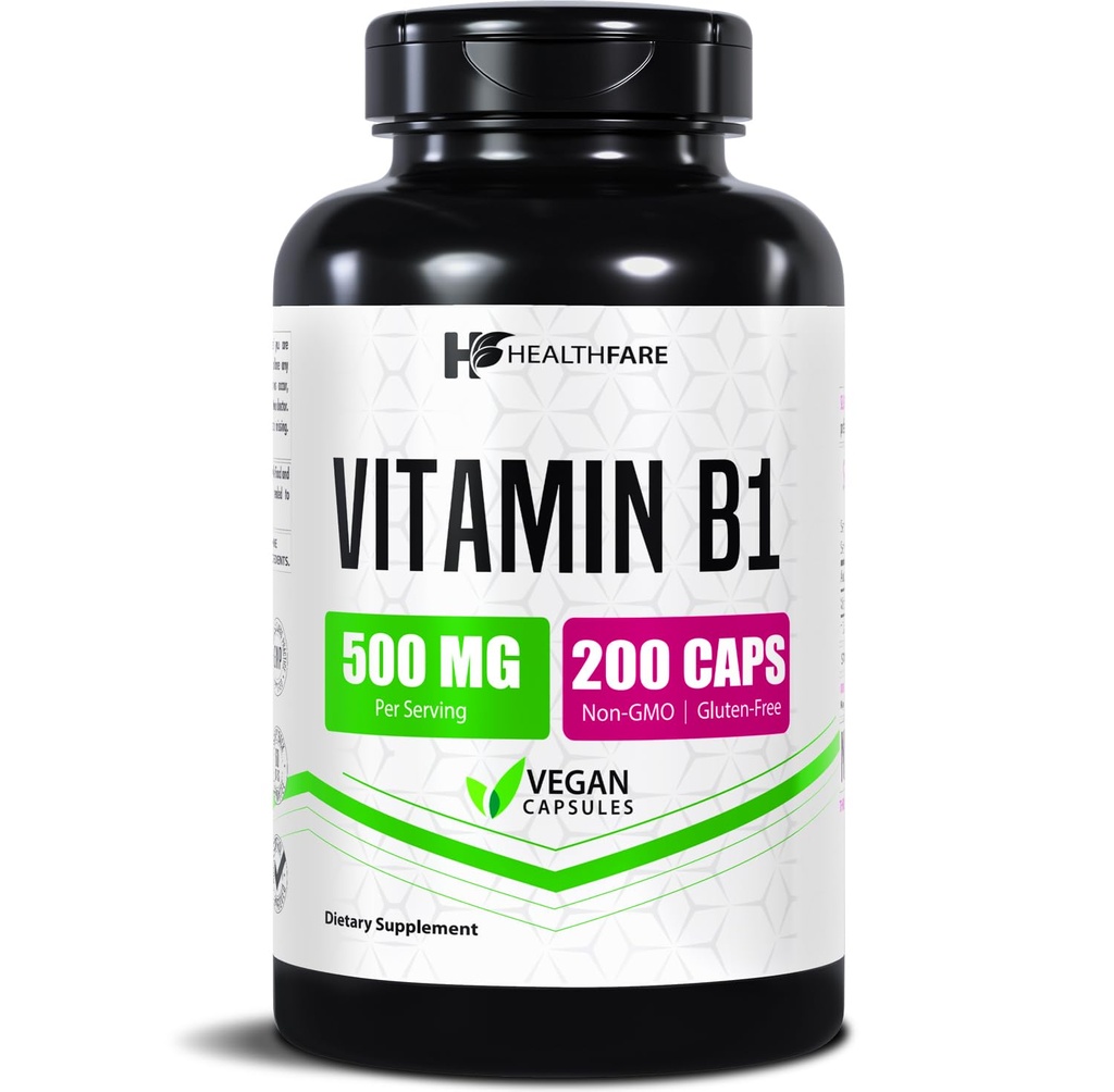 ויטמין B1 (Thiamine) 500 מ"ג | 200 קפסולות טבעוניות | תוספת עוצמה גבוהה תוספת תוספת תוספת שומן | תמיכה באנרגיה ומערכת העצבים | Non-GMO, Gluten-Free | Made in USA