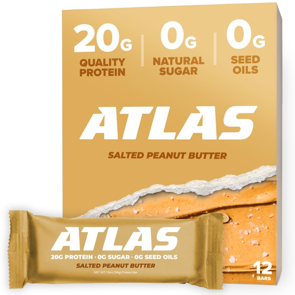 Atlas Real Food Protein Bar – 20g Protein, 11g Fiber, 1g Sugar, No Seed Oils, No Artificial Sweeteners (Salted Peanut Butter, 12 Count)