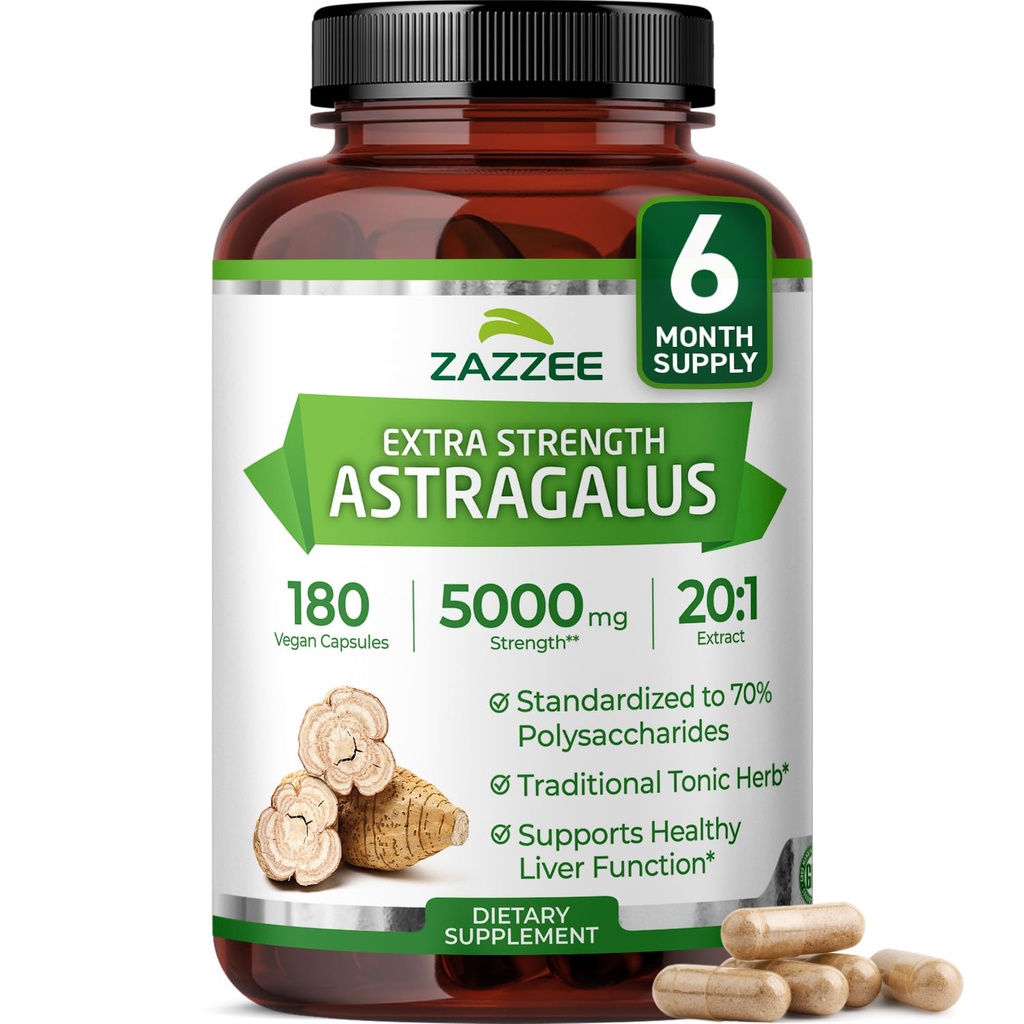 Zazzee תוספת כוח Astragalus Root 20:1 לחלץ, 5000 מ"ג כוח, 70% Polysaccharides, 180 קפסולות טבעוניות, 6 חודשים אספקת, 100% Vegetarian, סטנדרטי ו Concentrated 20X, non-GMO