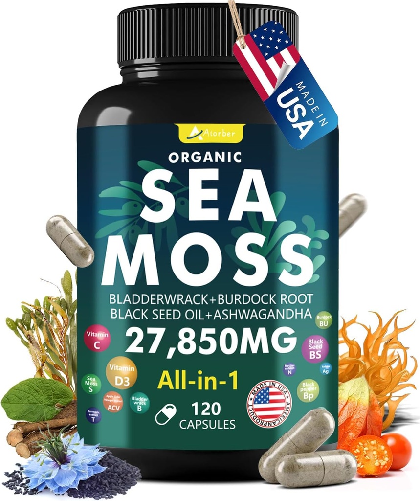 Sea Mosssqua Complex with Sea Mosss, Black Seed Oil, Aşhwagandha, ג'ינג'ר ווויטמינים C, D3-120 קפסולות, Superfoods - גלולות Seamos מתקדמות, Wild Sea Mos Pills, Made in USA