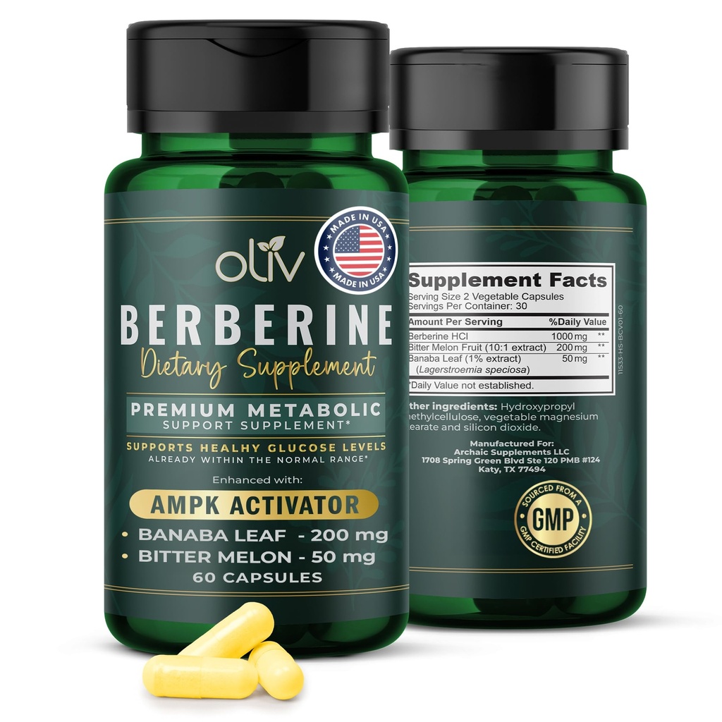 oliv Pure Barberine תוספי כמוסות - Berberine HCI 1000 מ"ג - תמיכה מטאבולית טבעית עם 200 מ"ג Bitter Melon פירות לחלץ ו 50 מ"ג Banaba Leaf - 2 Veggie קפסולות יומי (30 משרתים)