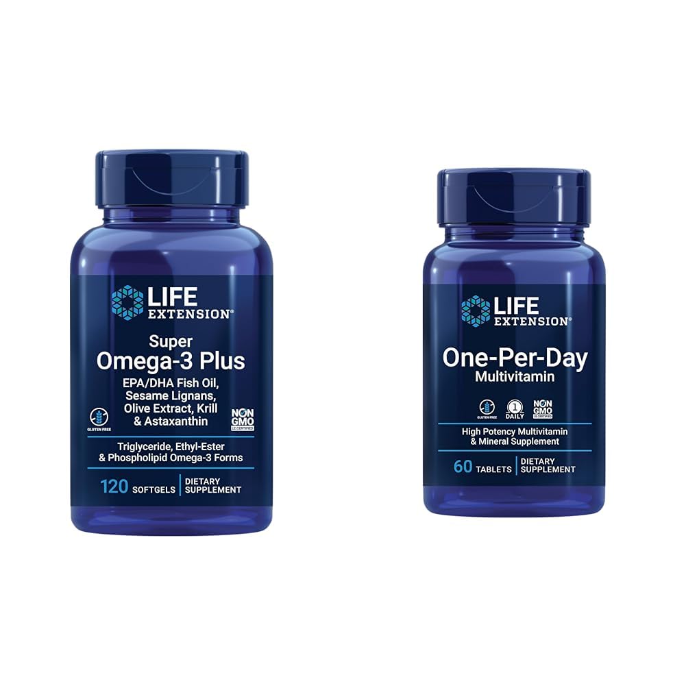 Life Extension Super אומגה 3 Plus EPA / DHA שמן דגים, Sesame Lignans, תמצית אוליב & One-Per-Day Multivitamin - ארוז עם מעל 25 ויטמינים, מינרלים וצמח