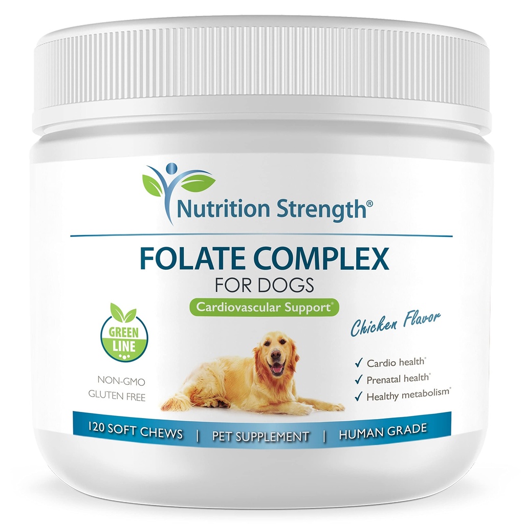 Folate for Dogs to Promote Cardiovascular & Prenatal Health, Support DNA Synthesis & Cell Maintenance, Folic Acid for Dogs with Zinc, Biotin, Iron & Vitamin B12, 120 Soft Chews