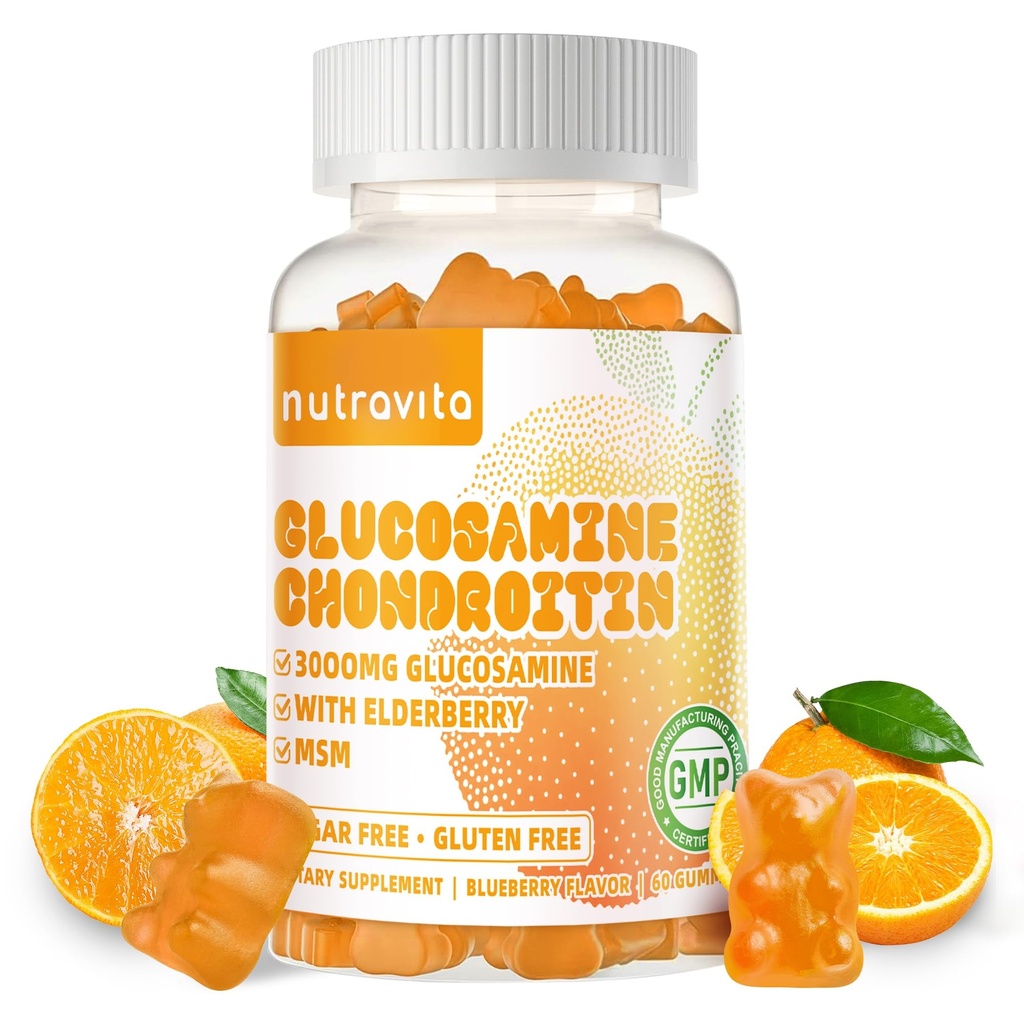 Nutravita Glucosamine Chondroitin Gummies עם MSM & Elderberry כוח נוסף - תמיכה משותפת, תמיכה אנטי-חמצן תמיכה עבור מבוגרים, גברים ונשים.60 אורנג ' צ'אדות