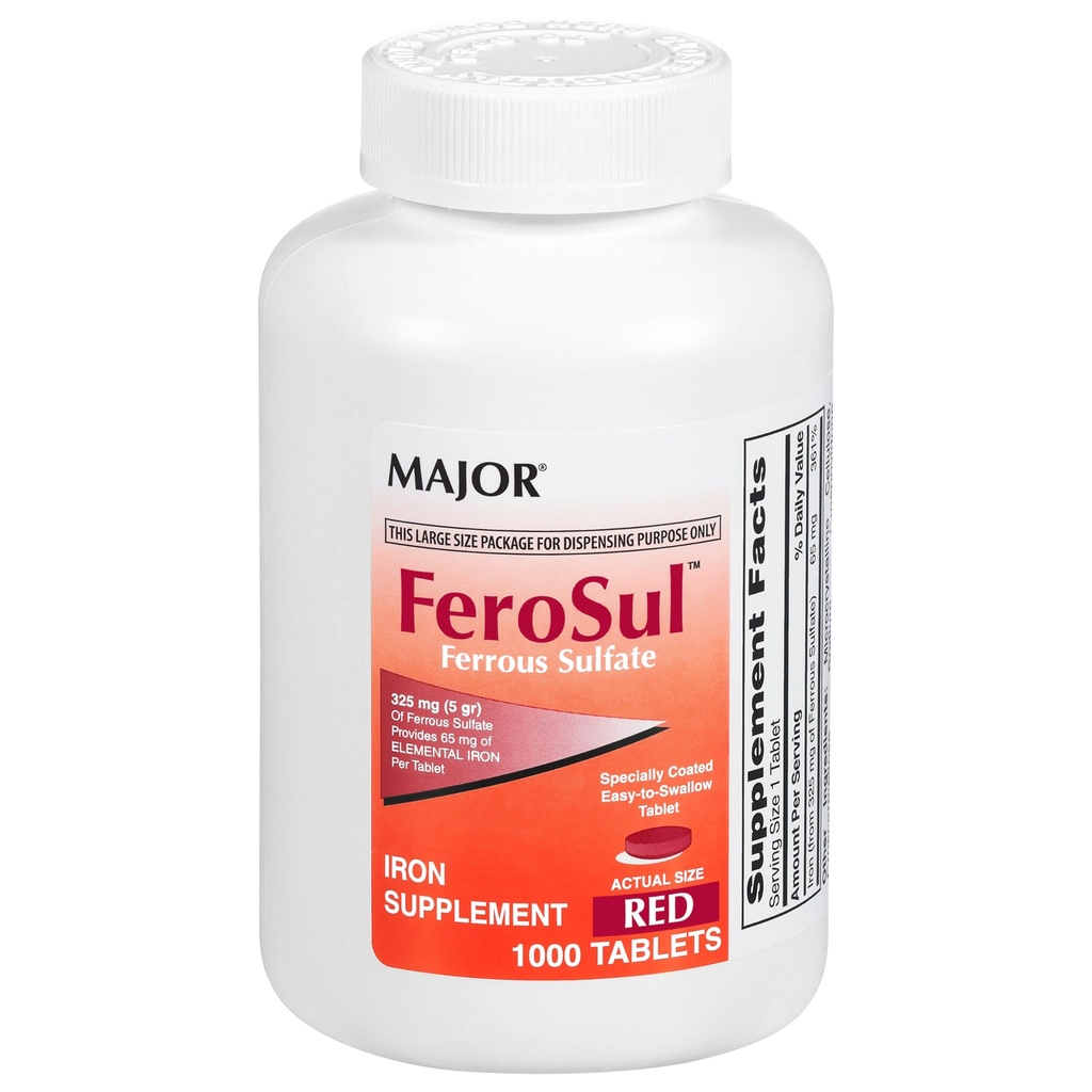 Major FeroSul - Ferrous Sulfate 325 מ"ג טבליות - תוספת ברזל לנשים וגברים - במיוחד coated Easy-to-Swallow טבליות - Red - 1000 Count