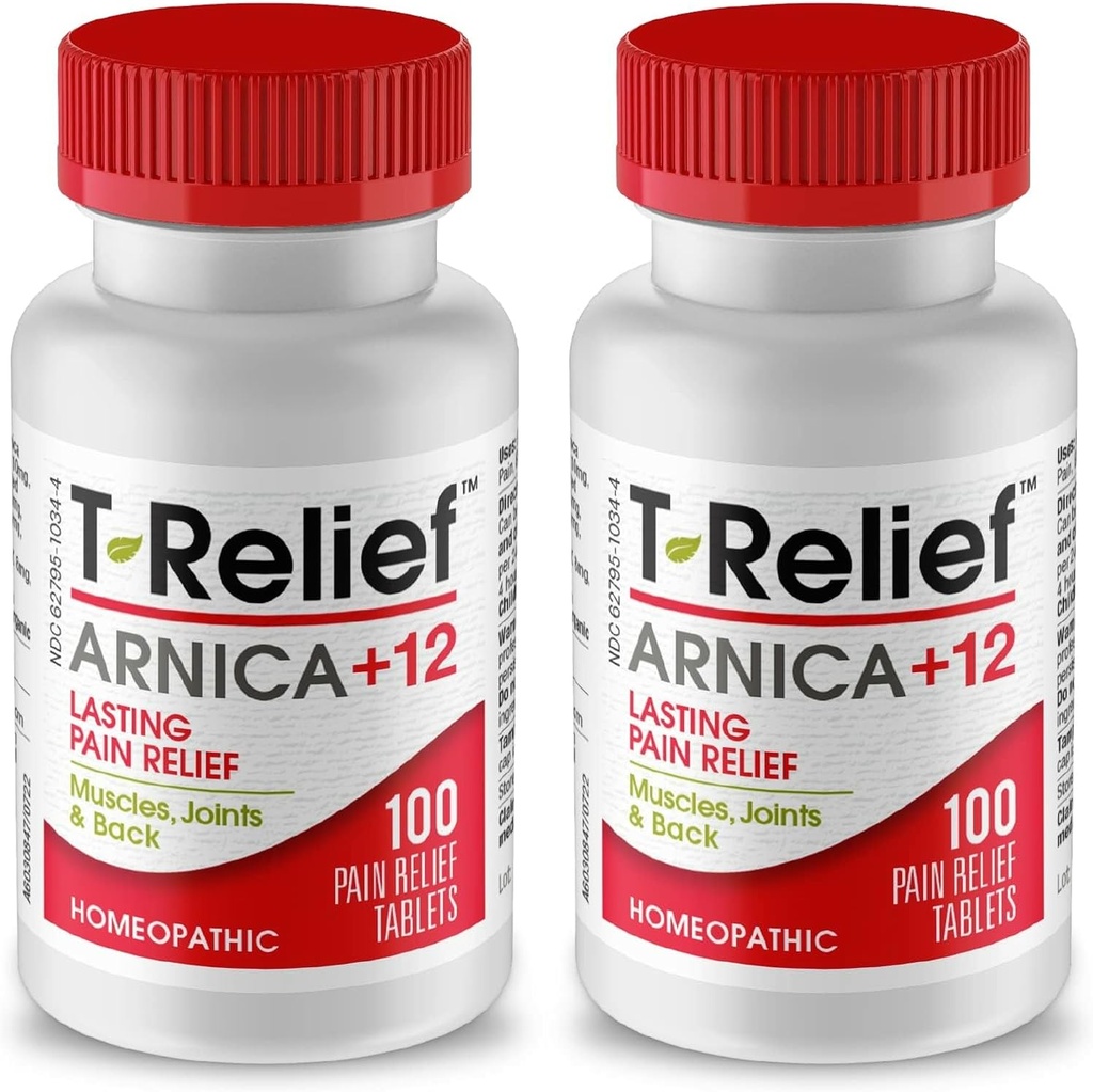 T-Relief Arnica +12 Natural Relieving Actives for Back Pain Joint Soreness השרירים Aches & Stiffness, Body Fast Acting Relief for Women & Men - 100 טבליות (2 Pack)