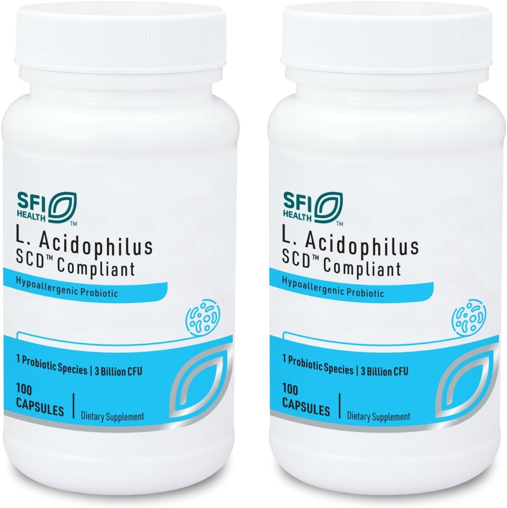 Klaire Labs SFI Health L. Acidophilus - 3 מיליארד CFU Lactobacillus Probiotic, Pure SCD Compliant Formula for Men & Women, Hypoallergenic & non-Dairyy (100 קפסולות, 2 Pack)