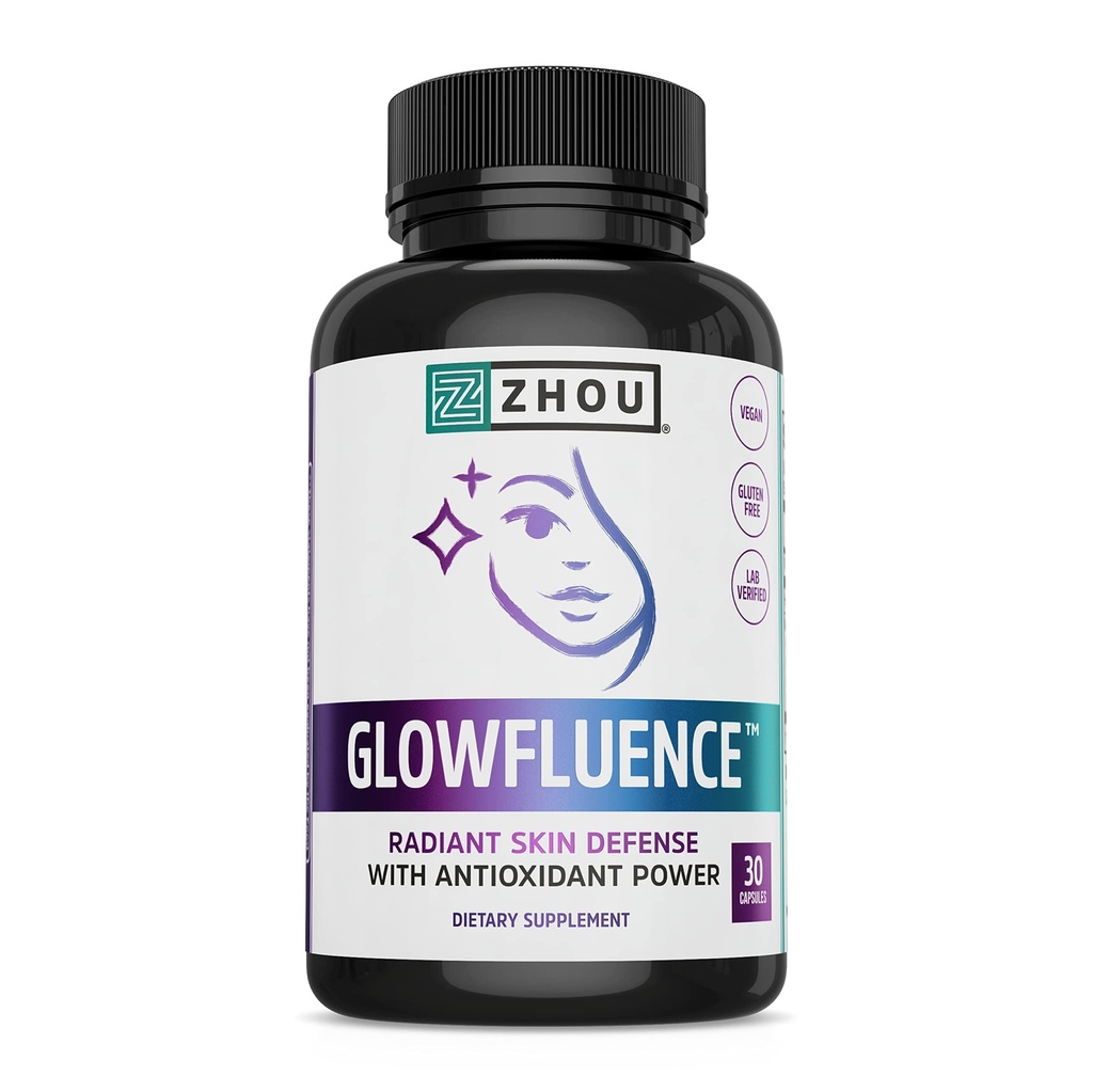 Zhou Glowfluence - Hyaluronic Acid Supplement with Vitamin C and Antioxidants, Glowing Skin and Hydration Support, Hyaluronic Acid Pills for Women and Men, Pure Formula - 30 Vegetarian Capsules