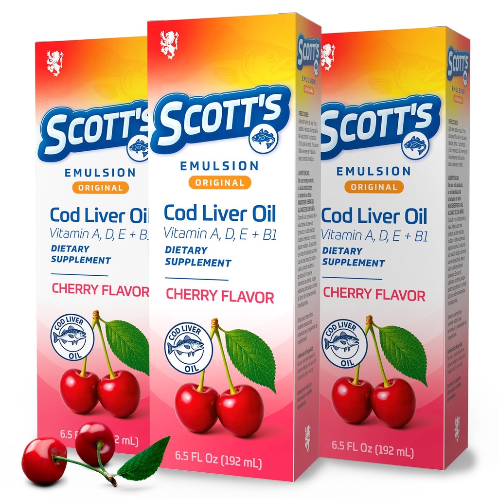 SCOTT'S EMULSION Original Cod Liver Oil Liquid, Cherry Flavor, Vitamin A, D, E, B1, Daily Omega 3 Fish Oil Supplement for Immune Support, 3-Pack, 6.5 Fl Oz Each