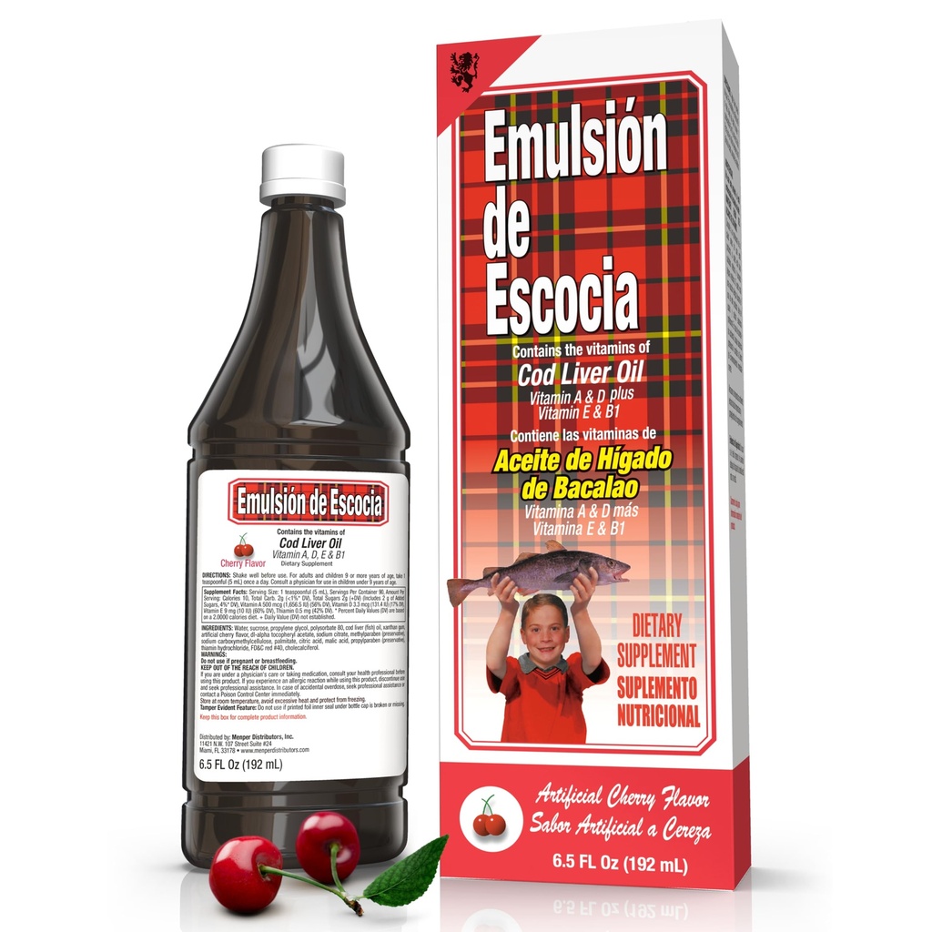 Emulsion de Escocia Cod Liver Oil, Cherry Flavor, 6.5 fl oz (1 Pack) – Fish Oil with Vitamins A, D, E, B1, Omega-3 for Immune and Bone Health, Kids & Adults