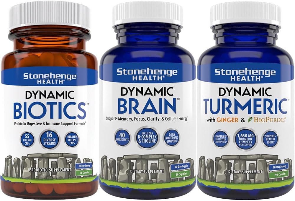 Stonehenge בריאות דינמי biotics Probiotic, דינמי המוח, דינמי Turmeric: אנרגיה, מפרקים, עיכול, תמיכה קוגניטיבית, זיכרון, מיקוד וקלרנסטי