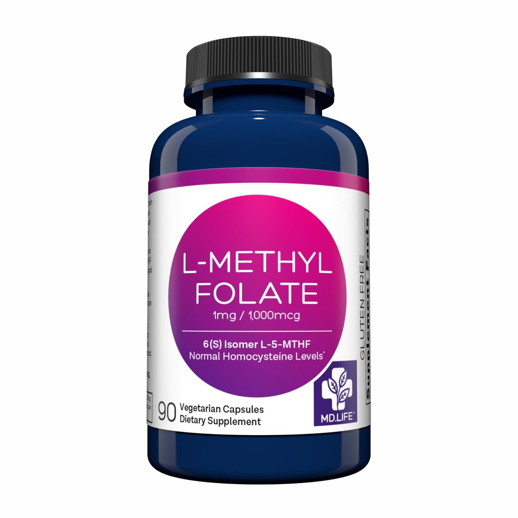 MD Life L-Methylfolate 1 מ"ג תוסף - Professional-Grade Active L Methylfolate תוסף - 90 קפסולות - L-Methylfolate 1 מ"ג - כוח מקסימלי MTHFR W / Essential Amino Acids