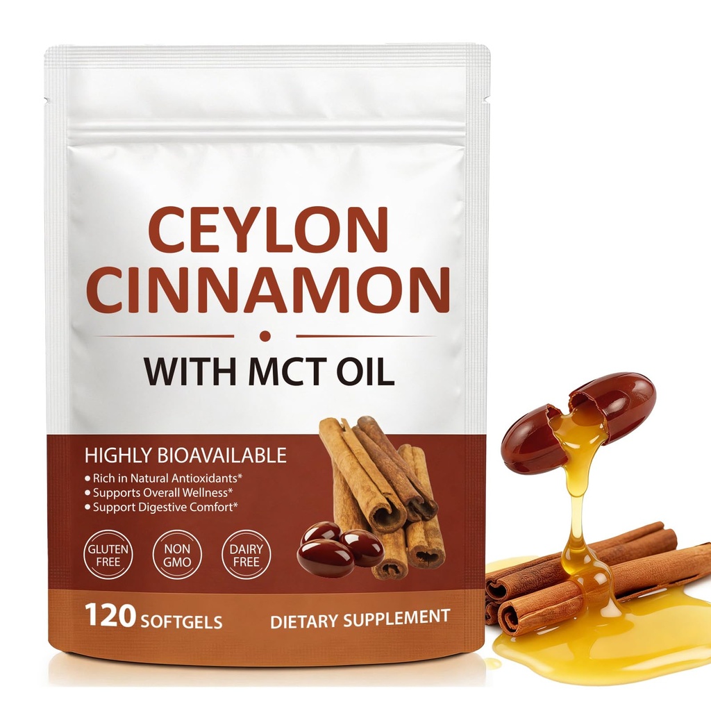 Ceylon Cinnamon SoftGels, Cinnamon Supplements with MCT Oil, Herbal Cinnamon Extract for Daily Wellness Support, Promote Digestive Comfort, Natural Energy Support, Non-GMO, Gluten Free- 120 Softgels