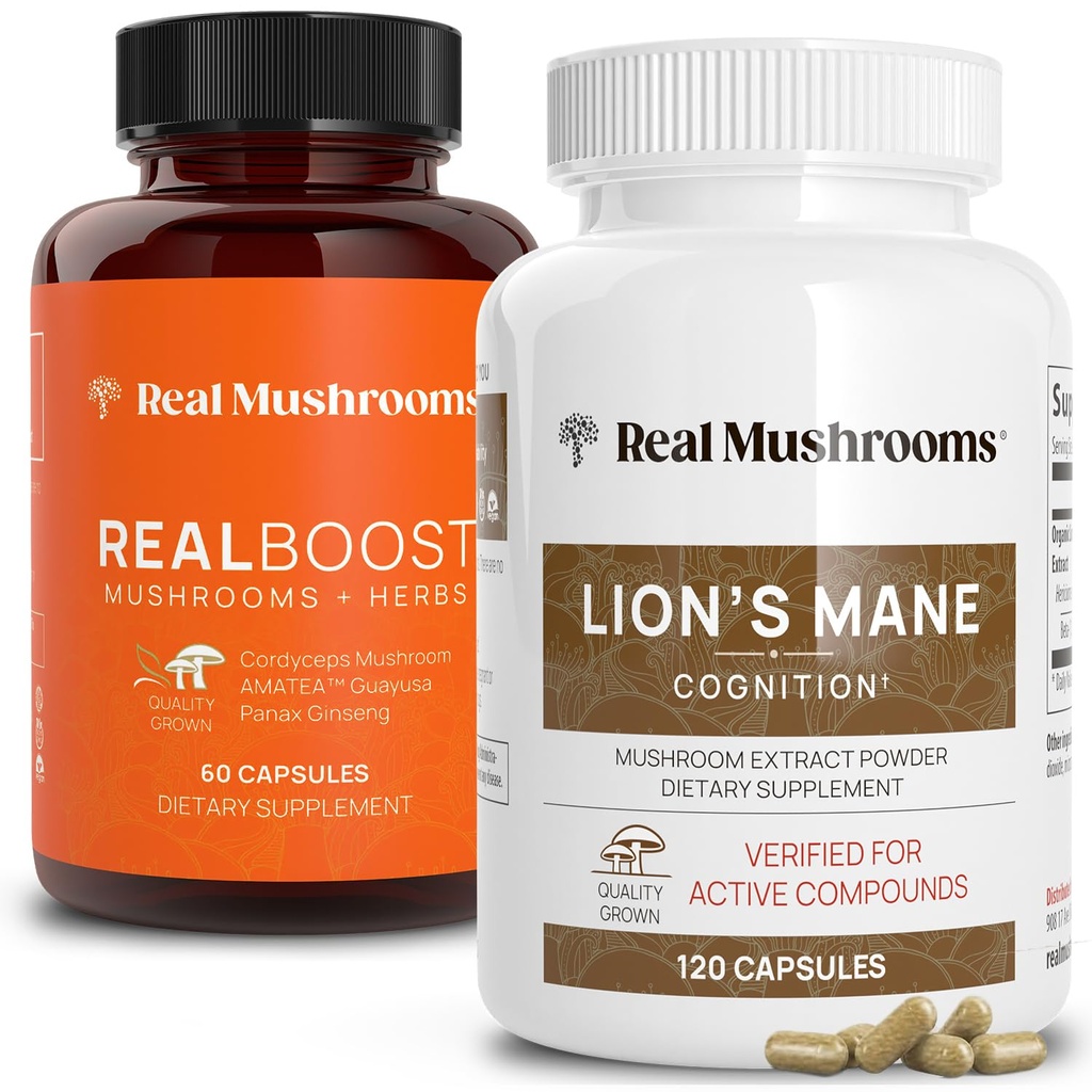Real Mushrooms RealBoost (60ct) ו- Lions Mane (120ct) קפסולות בונדלה - תוסף Mushroom לאנרגיה, Vitality & Cognition - Energy & Brain ויטמינים w/Cordyceps, גינזנג, Guayusa - טבעוני, Non-GMO