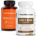 Real Mushrooms RealBoost (60ct) ו- Lions Mane (120ct) קפסולות בונדלה - תוסף Mushroom לאנרגיה, Vitality & Cognition - Energy & Brain ויטמינים w/Cordyceps, גינזנג, Guayusa - טבעוני, Non-GMO
