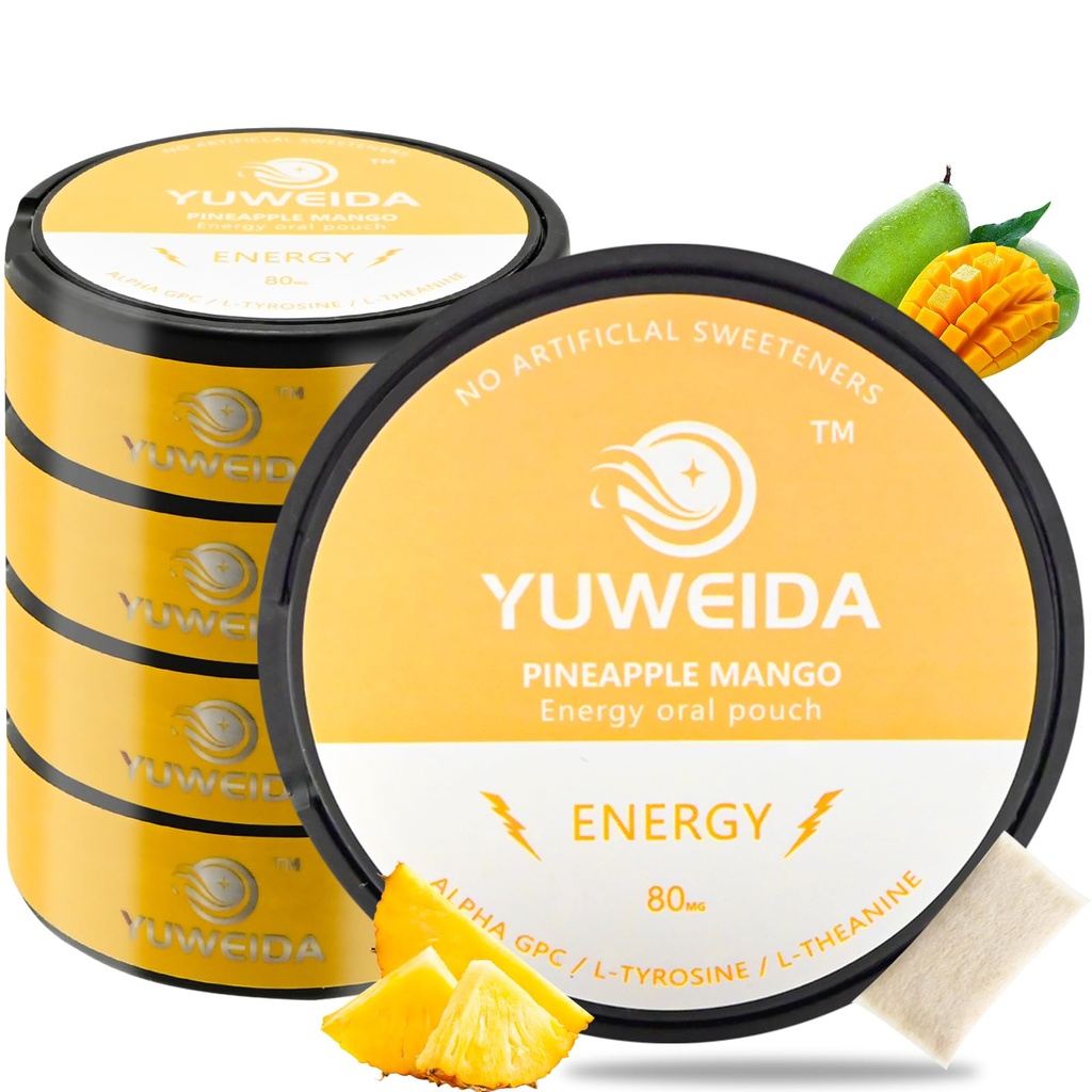 Caffeine Energy Pouches, 80mg Caffeine with Alpha GPC L-Tyrosine L-Theanine for Focus & Energy, Nicotine-Free & Tobacco-Free, 15 Pouches Per Can (Pack of 5, Pineapple Mango)