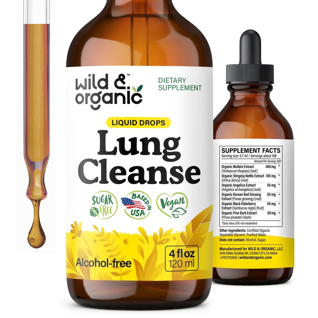 Wild & Organic Lungse Detox Tincture - מוללן טיפות עבור Lungs - Herbal Mullein לחלץ תוסף - טבעוני, אלכוהול חינם טיפות - 4 fl oz