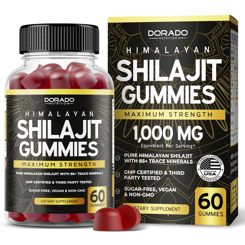 חניכיים Shilajit לגברים ונשים 1000 מ"ג (High Potency Gold כיתה עם 85 + Trace מינרלים עם Fulvic Acid) - תמיכה באנרגיה ותחמושת - צד שלישי נבדק, לא GMO, טבעוני ומיוצר בארה"ב - (60 מסטיק)