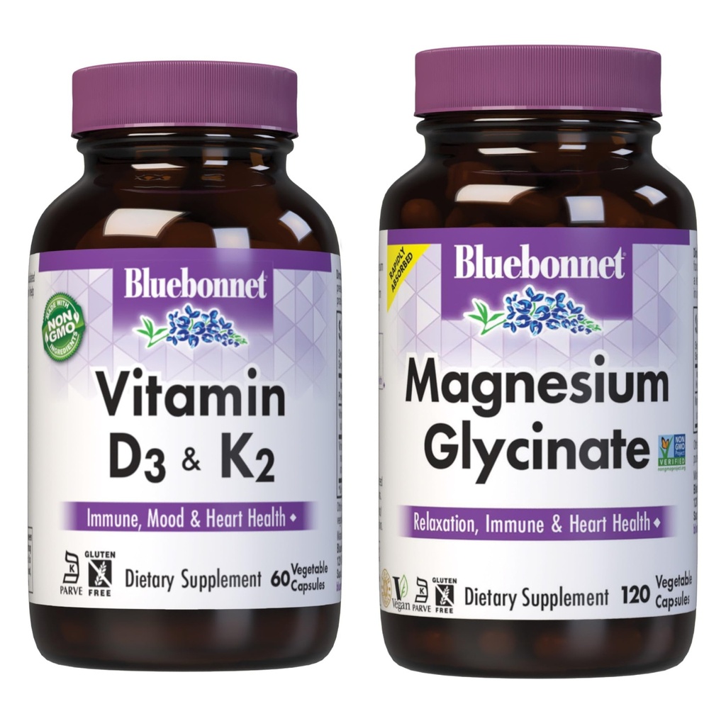 BlueBonnet Nutrition ויטמין D3 ו-K2, ומגנזיום Glycinate קפסולות ירקות בונדלה