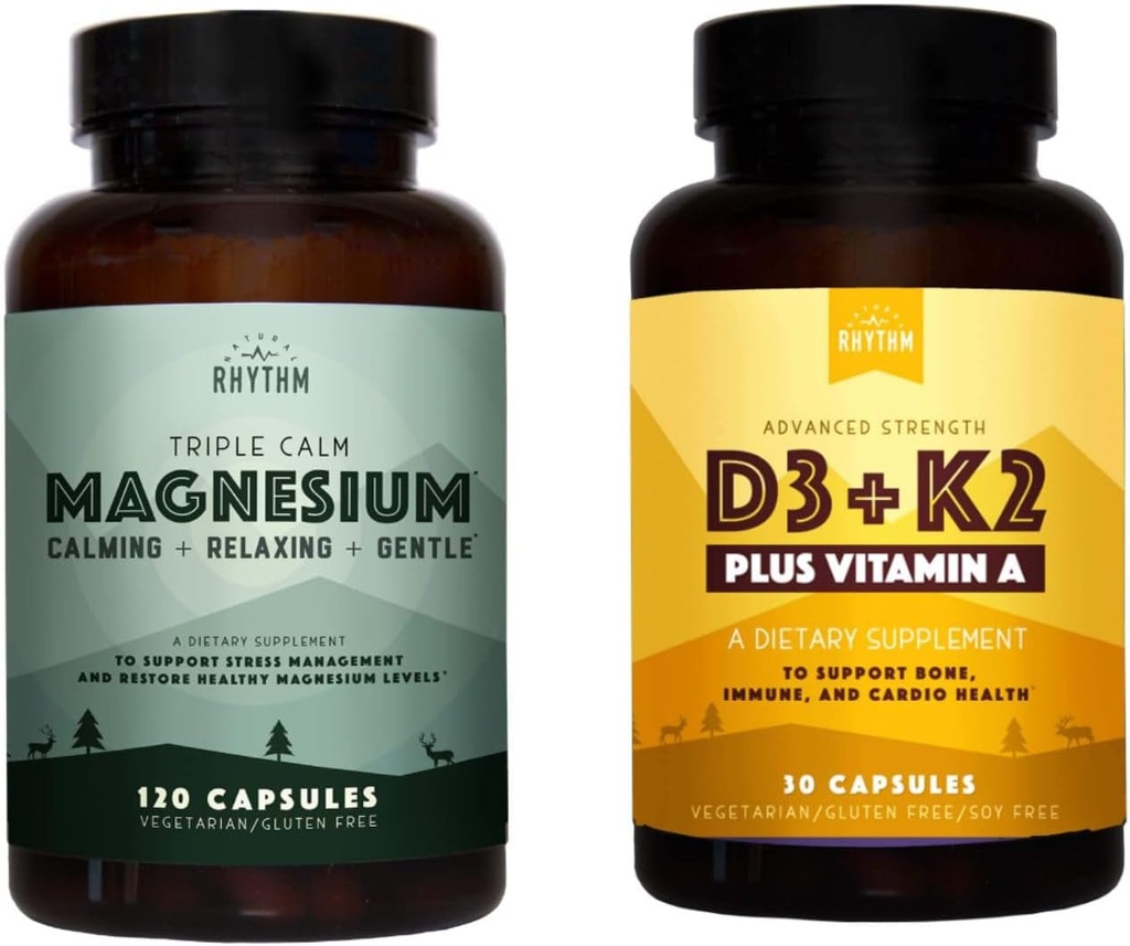 Natural Rhythm Triple Calm Magnesium 150 מ"ג - 120 קפסולות - Magnesium Complex Compound תוסף W/Natural Rhythm ויטמין D3 + K2 (MK7) בתוספת ויטמין A, עבור העצם, הלב, & Immune Health, 30 קפסולות