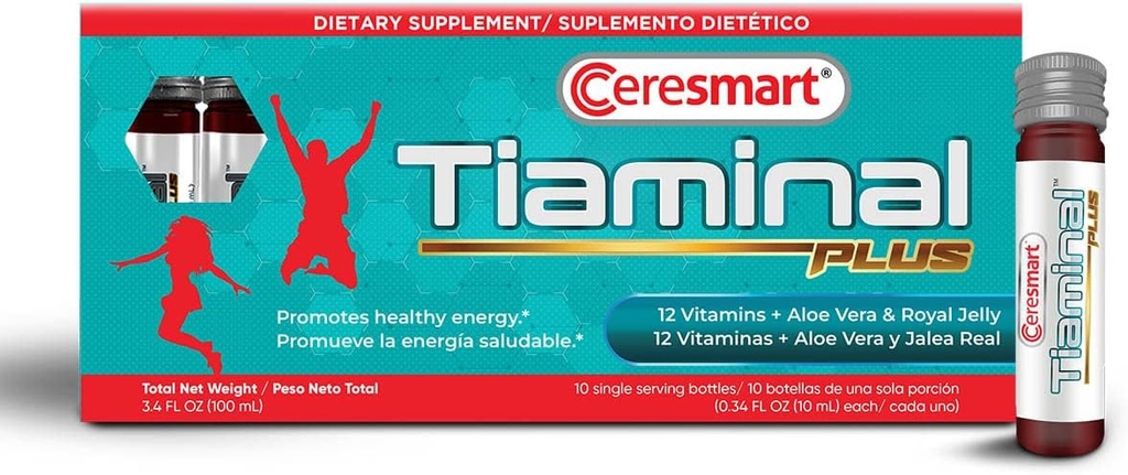 Ceresmart Tiaminal Plus Multivitamin עבור נשים וגברים - 10 x יחיד לשרת Vials נוזל Multivitamins דיאטה תוספת - אנרגיה Boost ויטמין תוספי מזון עם Aloe Vera, רויאל ג'ולי