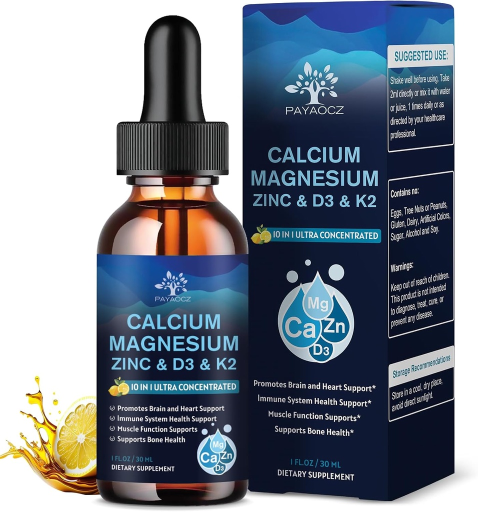(חבילה) 10 ב 1 Calcium Magnesium Zinc תוסף, Magnesium Glycinate Complex טיפות עם ויטמין D3 K2 B6, Calcium Citrate Bone & Immune Health Support, Sleep & Cramps, Boron, 1 Fl Oz Oz Oz
