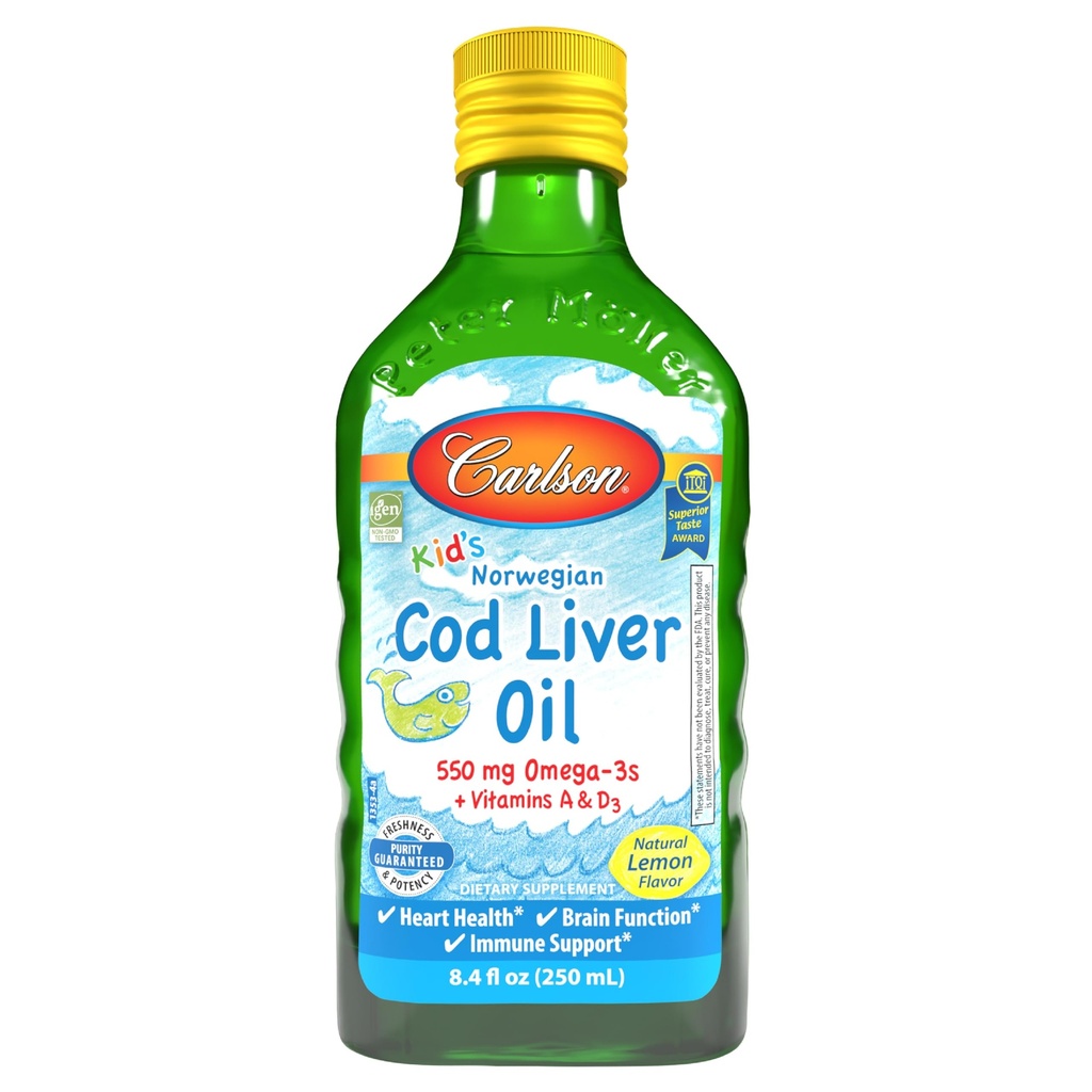 קרלסון - שמן Cod Liver של Kid, 550 מ"ג אומגה 3, ויטמינים A & D3, Wild Norwegian, Lemon, 250 mL