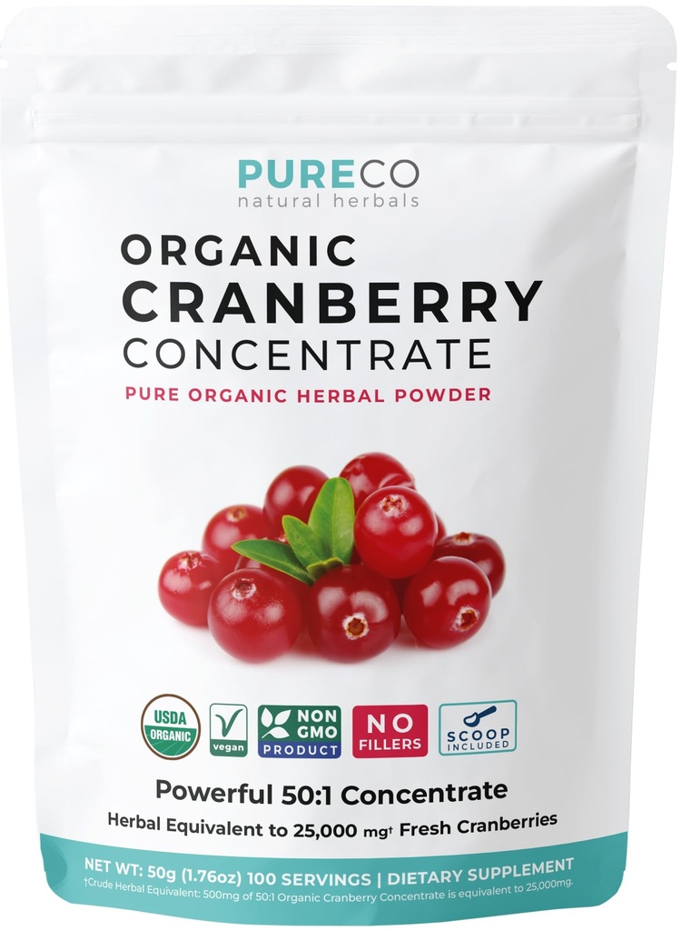 USDA אורגני Cranberry Concentrate (50:1) אבקה - 500 מ"ג שווה ערך ל-25,000 מ"ג של קריין טרי - עבור Kidney ניקויse & UTI תמיכה ויטמינים - נשים - תוספת - 100 משרתים - No Pills - No Pills - No Pills