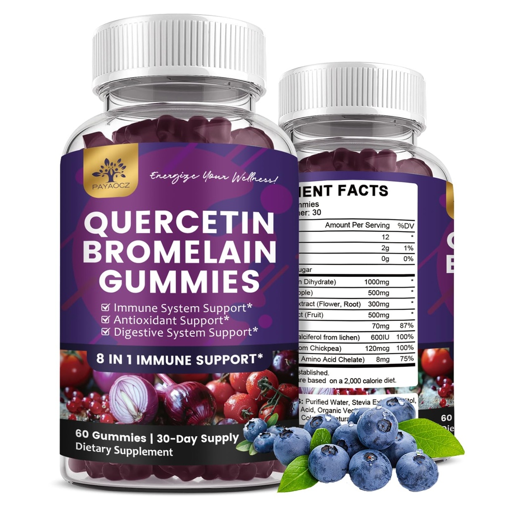 (2 Pack) Quercetin Gummies עם Bromelain Zinc Elderberry ויטמין C D3 K2, Quercetin 1000 מ"ג תוספת עם Bromelain 500 מ"ג עבור Cardiovascular, Immune System & Allergy, חניכיים טבעוניות למבוגרים וקיד