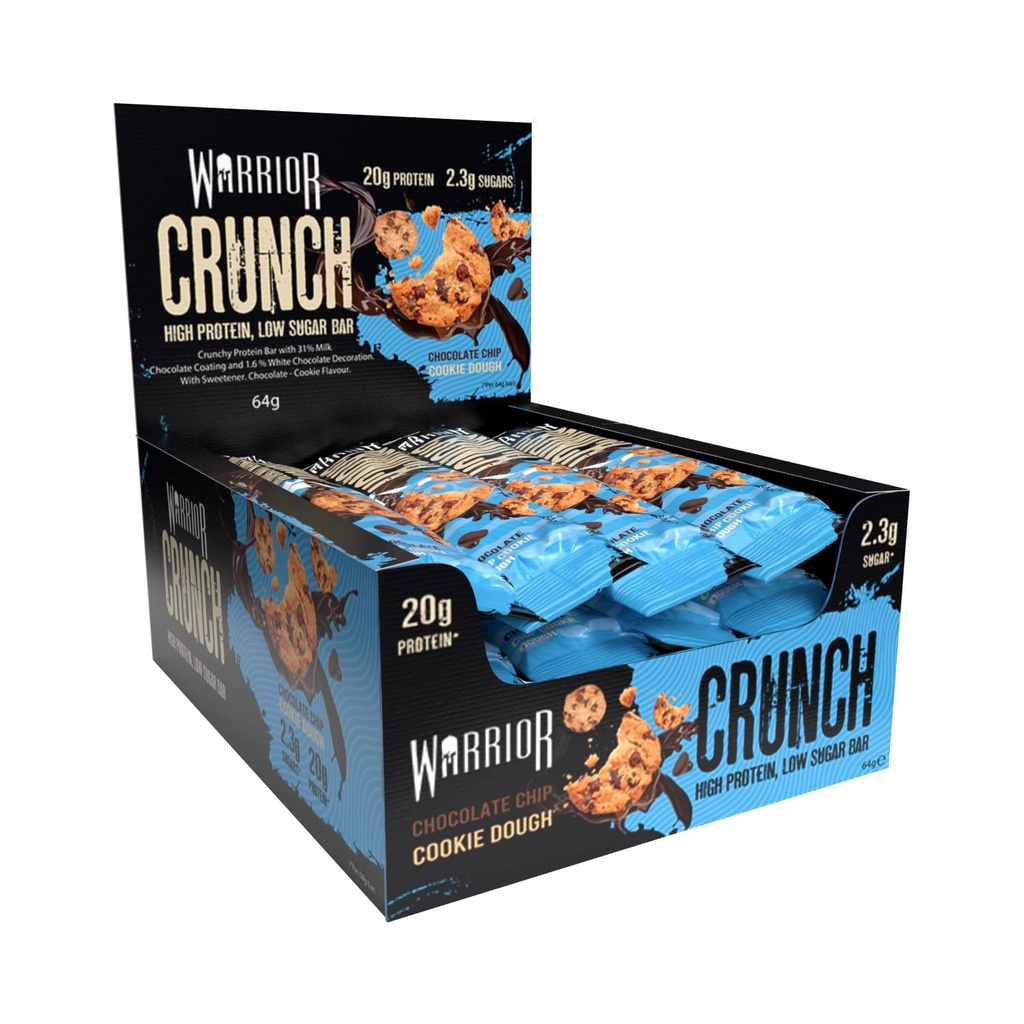 Warrior Crunch High Protein Bars | 20g Protein, Low Carb, Low Sugar, Keto Friendly | Delicious, Chewy, Crispy On The Go Snack | Box of 12 Bars (12 Count (Pack of 1), Chocolate Chip Cookie Dough)