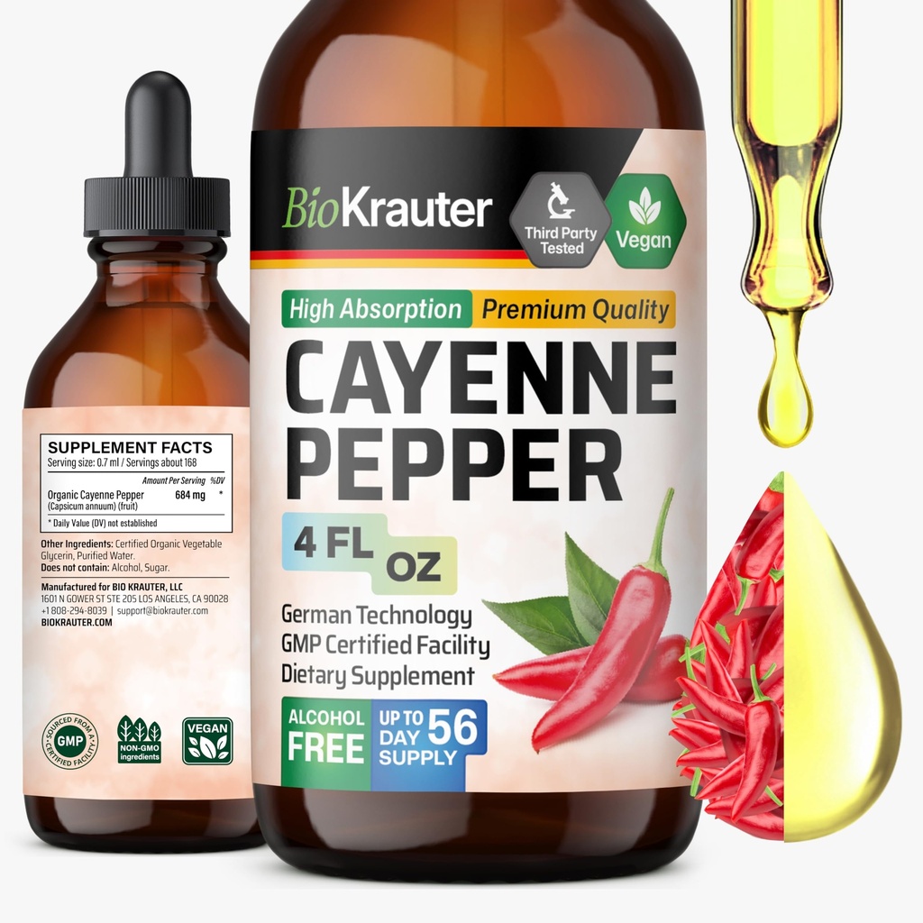 BIO KRAUTER Cayenne Pepper לחלץ נוזל - טהור Capsaicin - נוזל קייאן פפר טיפות לתמיכה מזיקה - סוכר ואלכוהול חינם 4 Fl.Oz.