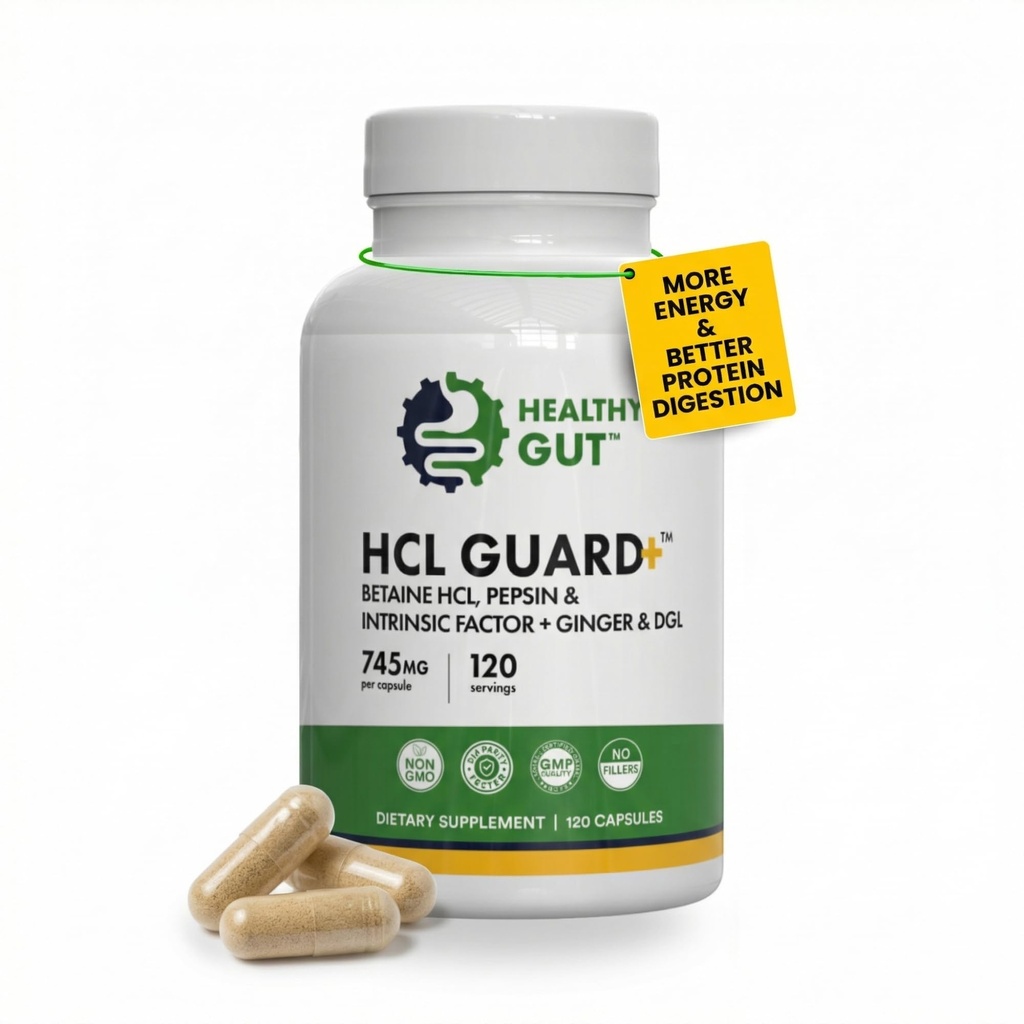 בריאות Gut HCL Guard+ | מקדם פונקציונליות עיכול בריאה | Betaine hydrochloride, אורגני ג'ינג'ר Root, DGL ו- פפsin | 60 משרתים