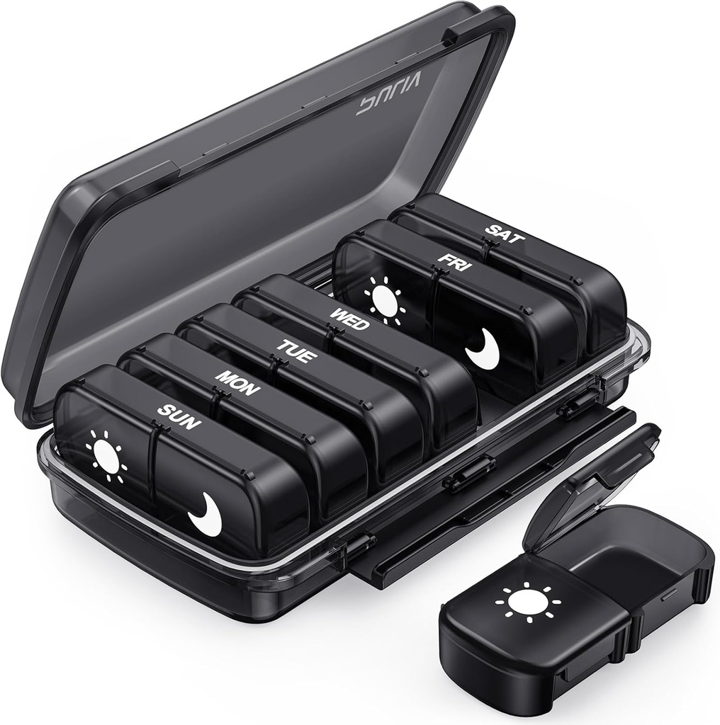 PULIV שבועי גלולות מארגנת 7 ימים ביום, Black Damp-Proof AM Pill Box 7 Day, Pill Case with Portable Design, Large Medicine ארגן עבור ויטמינים, תרופות, שמן דגים, תוספים