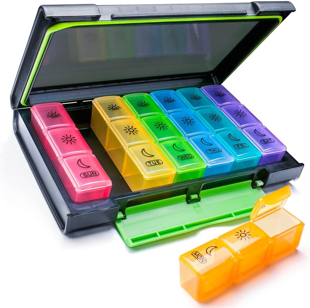 מארגנת גלולות שבועיות, 7 Day Pill Box (3-Times-A-Day) Portable for Travel with Moisture-Proof Design Pill Case to Pills/Vitamin/Fish Oil/Supplements