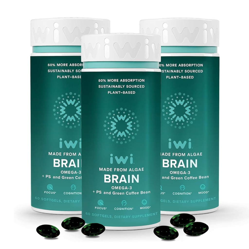 iwi Life Brain אומגה 3, 180 Softgels (90 המשרתים), אלגה צמחית המבוססת על צמח טבעוני אומגה 3 עם EPA + DHA, Focus, Memory and Mood Support Dietary, קריל & Fish שמן אלטרנטיבי, No Fishy Aftertasteaste