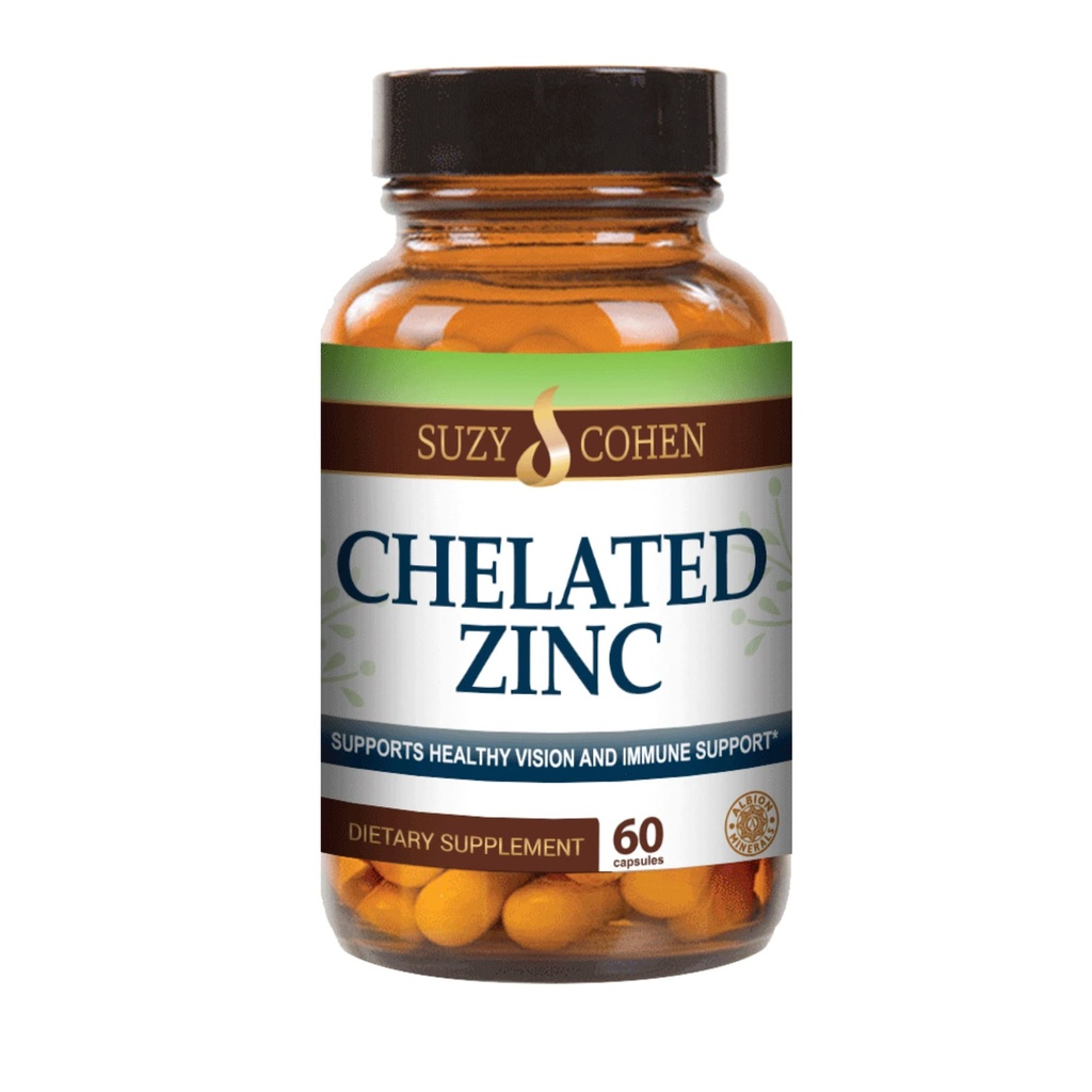 Suzy Cohen Chelated Zincs - 60 קפסולות Gentle על Stomach - Zinc הוא עבור גידול תאים בריאים ו- DNA טפסים - תומך בתפקוד החיסון הבריא ובריאות העור