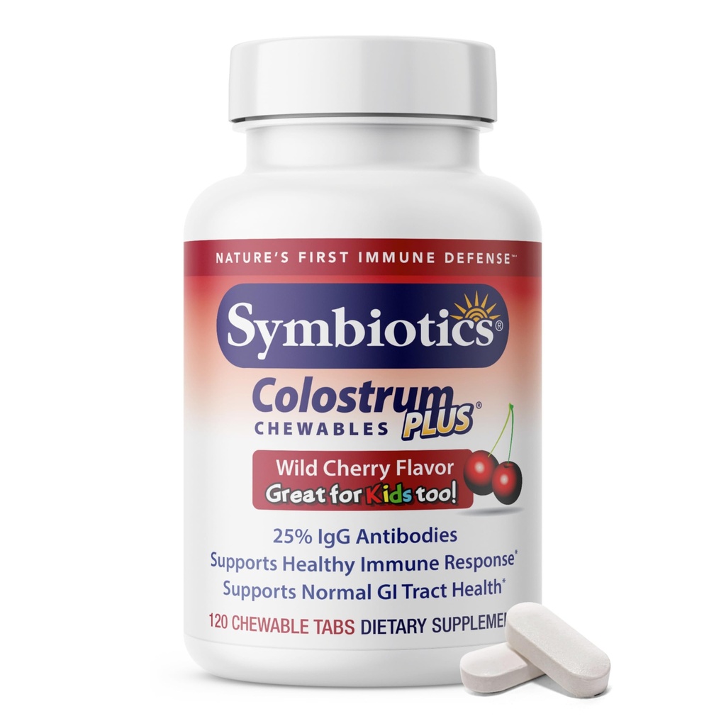 Symbiotics Colostrum 120ct Chewables Plus - תמיכה באמון למבוגרים וילדים - Lactoferrin תוסף & Colostrum חלבון - תמיכה Digest & Gut - 25% lgG Antibodies, Gluten Free - דובדבן Wild - צ'רי Wild Wild