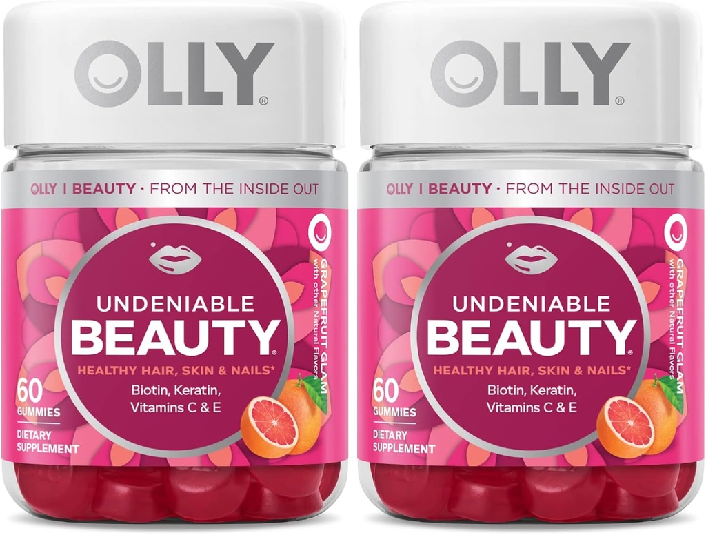 OLLY Undeniable Beauty Gummy, for Hair, Skin, Nails, Biotin, ויטמין C, Keratin, Chewable Supplement, Grapeפרי, 30 יום אספקה - 120 ספירה