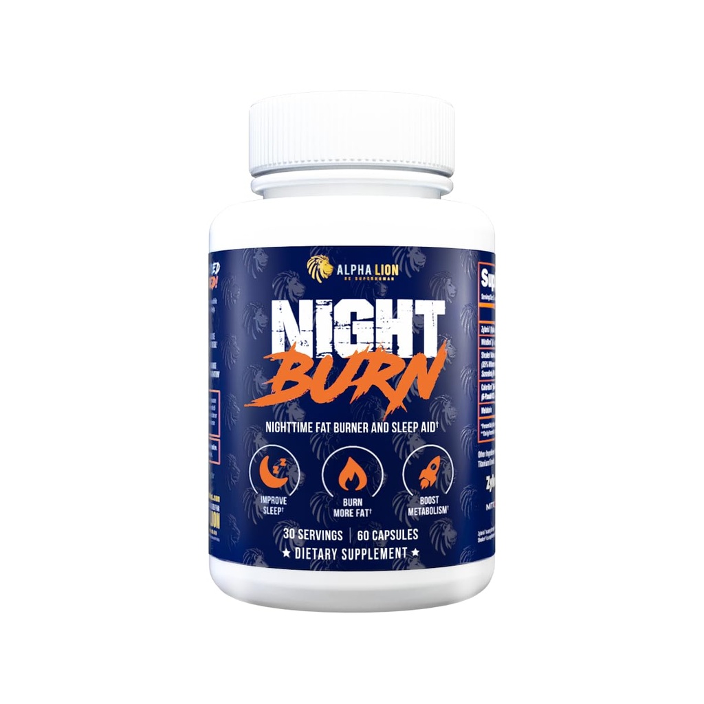 ALPHA LION Night Burn, Metabolism Booster for Weight Loss, Less Body Fat, More Muscle, Promotes Lean Body, Calorie Burning Supplement, Relax Better, Promote Healthy Cortisol (60 Capsules)