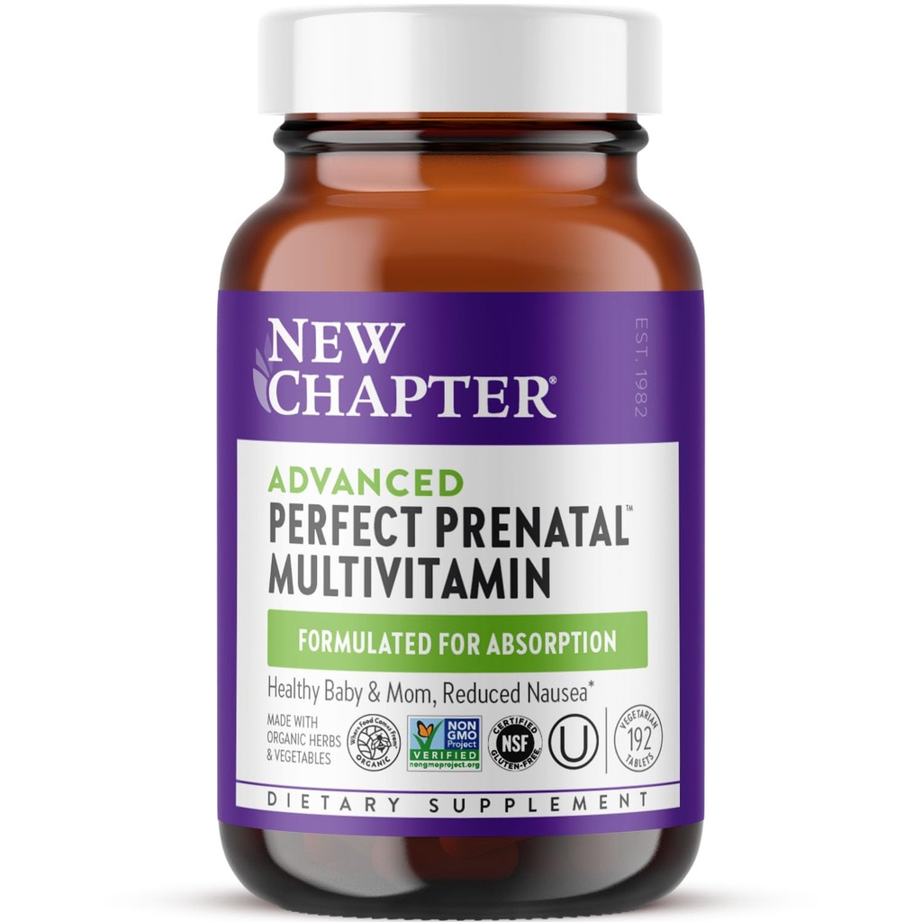 New Chapter Advanced Perfect Prenatal ויטמינים, 192ct, Made with Organic, non-GMO Ingredients for Healthy Baby & Mom - Folate (Methylfolate), Whole-Food Fermented Iron, ויטמין D3 + ג'ינג'ר