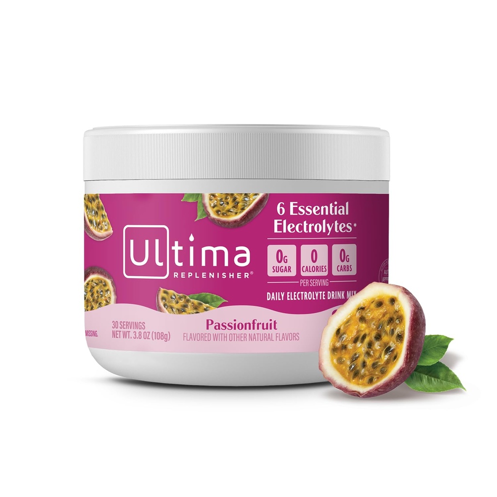Ultima Replenisher Daily Electrolyte אבקת משקאות Mix - סוכר חינם - Passionפירות, 30 משרתים - אבקת הידרה עם 6 Key אלקטרוליטים ו- Trace מינרלים - Keto Friendly, non-GMO