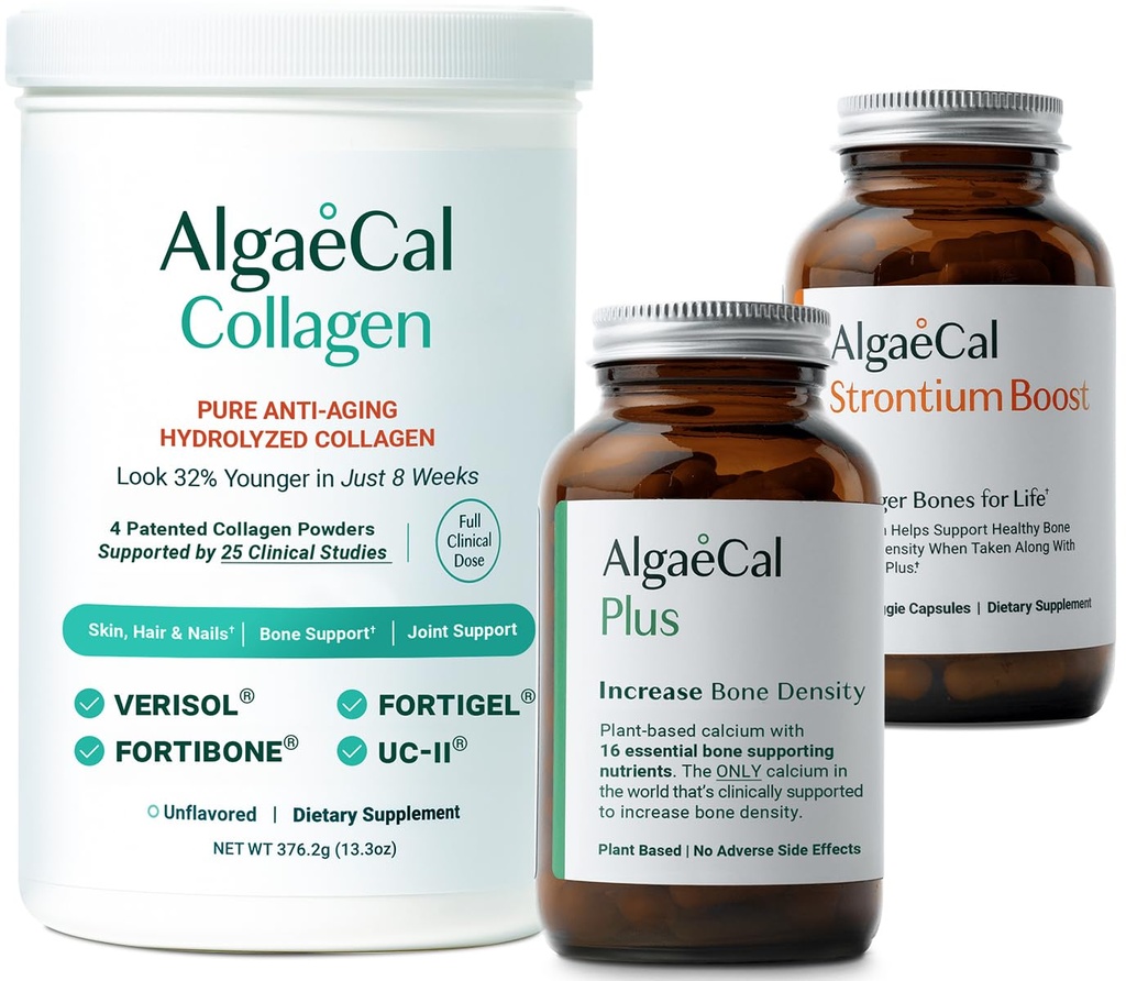ALGAECAL Bone Builder & Collagen Bundle - Clinically-Supported Collagen עם Verisol, Fortibone, Fortigel + Plant-based Calcium, Strontium, D3, K2, Magnesium ו 16 חומרים מזינים עבור Beauty & Bone Health