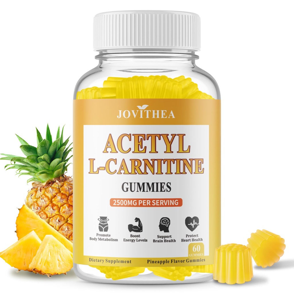 Acetyl L-Carnitine Gummies Sugar Free, Premium L-Carnitine Supplement for Women & Men, ALCAR Supplement for Energy, Muscle, Focus & Brain Support, Gluten-Free, Non-GMO, Vegan, Pineapple Flavor, 60 Ct