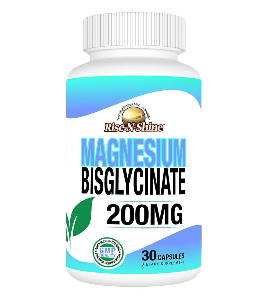 Rise-N-Shine - Magnesium Bisglycinate 200 מ"ג - תמיכה משותפת ושרירים - תוספת לתמיכה באנרגיה, עיכול ועצמות - Magnesium for Sleep Support and Rest (30 קפסולות)